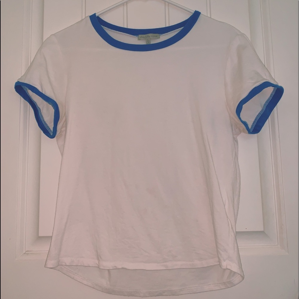 Boxy white tee with blue collar and sleeves
